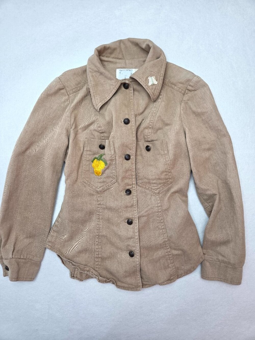 Vintage P.B.J. Junior Petites Women’s Tan Jacket Embroidered Lemon Butterfly Y2K